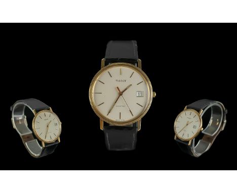 Tissot Seastar Gents 9ct Gold Cased Wrist Watch with just date display window with black leather attached stamp cream dial go