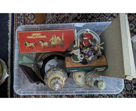 Box of Assorted Pottery &amp; Porcelain, including a biscuit barrel, plates, figures, cake plate and servers, Corgi coach and