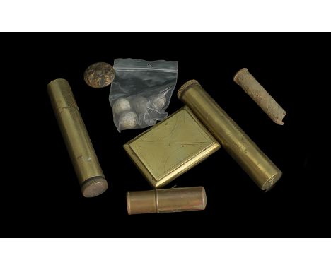 Brass Snuff Box, two SMLE oil Bottles, together with a trench lighter and Somme High Wood area finds.
