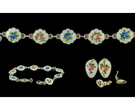 Norwegian Fine Quality Sterling Silver &amp; Enamel Bracelet, with matching earrings.  All depicting floral images on white g