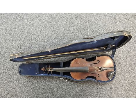 Violin in Fitted Case, with bow, needs re-stringing, measures 14'', overall 23''.