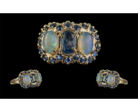 Ladies - Attractive 9ct Gold Opal and Blue Sapphire Set Dress Ring, Not Marked but Tests Gold. Opals of Good Colour with Blue