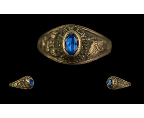 10ct Gold College Ring - With Image of Indian Chief to Shoulders with Other Symbol in Lettering Reads 'Lake High' with Blue S