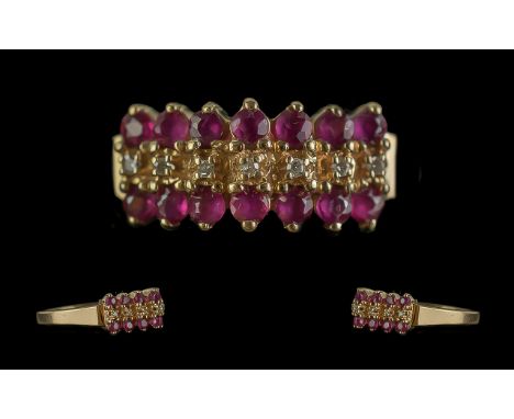 Ladies 14ct Gold Attractive Ruby and Diamond Set Dress Ring. Marked 14ct to Shank. Rubies and Diamonds of Good Colour / Clari