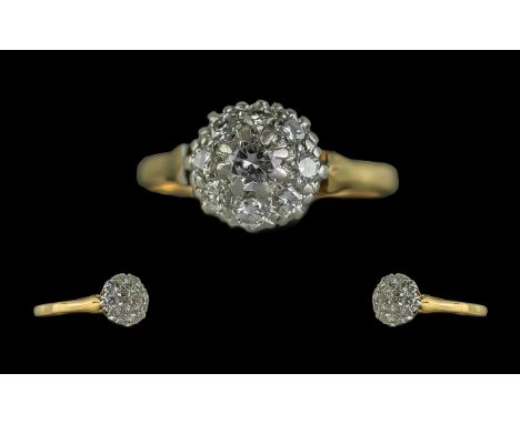 Edwardian Period 1902 - 1910 18ct Gold and Platinum Diamond Set Cluster Ring, Flower head Setting. Marked 18ct and Platinum. 