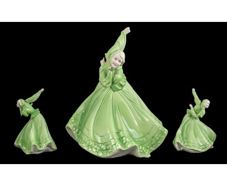 Katzhutte 1950's Large Hand Painted Porcelain Figure - Young Female, Dancing In Long Green Dress, Katzhutte Stamp and Number 