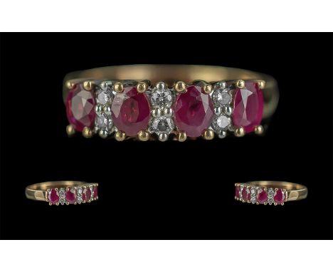 Ladies 18ct Gold Ruby and Diamond Set Ring. Full Hallmark to Shank. The Four Rubies of Excellent Colour / Clarity, With Diamo