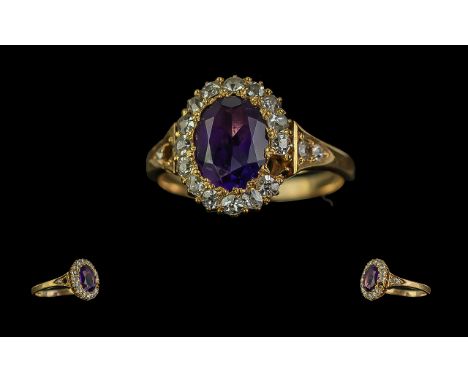 Antique Period - Attractive 18ct Gold Amethyst and Diamond Set Cluster Ring. The Central Amethyst of Excellent Colour, Surrou