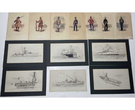M R FIELDS; six pen and ink drawings of naval vessels, to include HMS Childers 1946, HMS Ajax 1939, HMS Fearless 1968, HMS Al