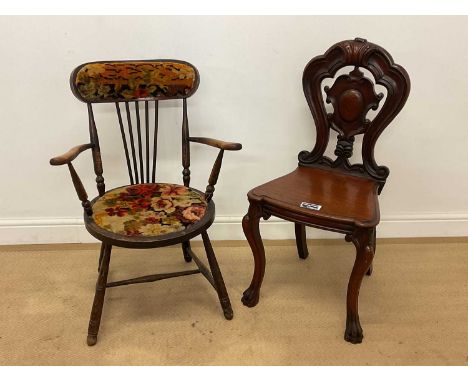 A mahogany hall chair, height 91cm, and a mahogany stick back armchair (2).