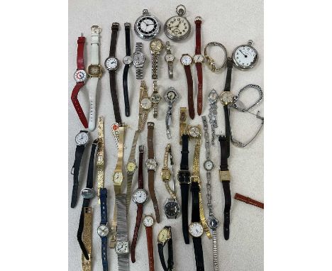 A large collection of vintage lady's wristwatches including Services and Timex, also three pocket watches.