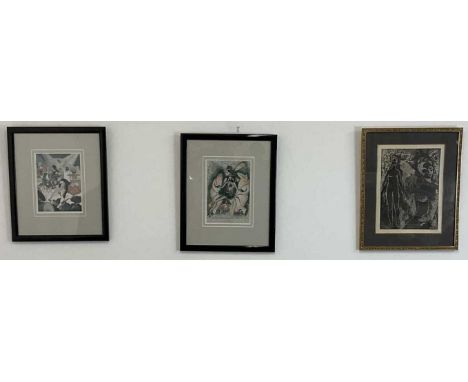 Two Art Deco reproduction prints by Georges Pavis and Armand Vallee, together with an indistinctly signed etching of two nude