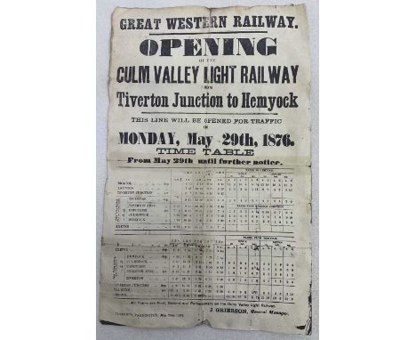 GWR Culm Valley Light Railway timetable, a local piece of Great Western Railway Victorian history detailing all the local sta