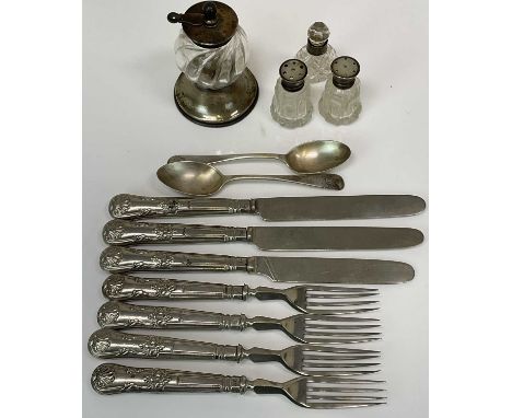 A George V hallmarked silver mounted and clear glass pepper grinder, the mounts hallmarked London 1929, various silver sheath