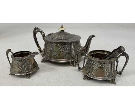 WILLIAM HENRY SPARROW; an Edwardian Art Nouveau design three piece hallmarked silver tea set, Birmingham 1907, combined appro