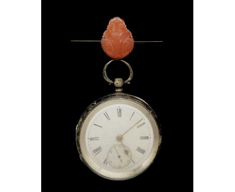 A yellow metal carved carnelian Chinese Buddha decorated bar brooch, length 60mm, approx 7.82g, also a silver key wind open f