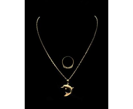 A 9ct yellow gold pendant on fine link chain, combined approx 4.5g, and a yellow metal ring, approx 2.5g (2).