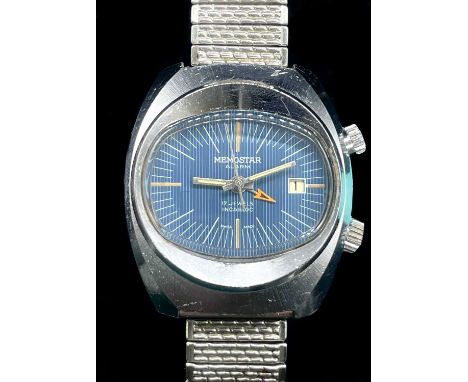 MEMOSTAR; a gentleman's mid 1970s stainless steel alarm wristwatch, with 17 jewel Incabloc movement, oval blue dial, date ape