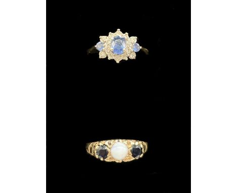 A 9ct yellow gold opal and sapphire ring in the Victorian style, size P, and a further 9ct yellow gold dress ring, size O 1/2