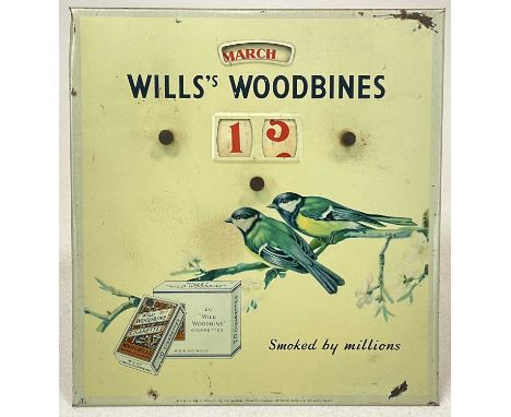 WILL'S WOODBINES; an original Art Deco advertising perpetual calendar, transfer decorated with blue tits and original easel b