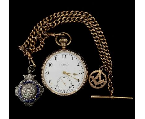 A 9ct yellow gold crown wind open face pocket watch, with Arabic numerals to the white enamel dial signed 'J. W. Benson, Lond
