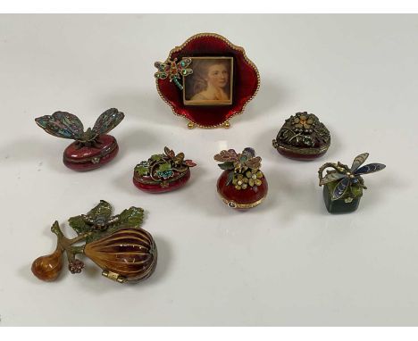 JAY STRONGWATER; seven miniature enamelled pieces including a butterfly trinket box, photograph frame etc, three with certifi