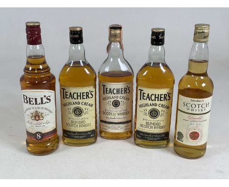 WHISKY; three bottles of Teacher's whisky, one bottle of Bell's whisky and one bottle of Sainsbury's Scotch whisky, all 70cl 