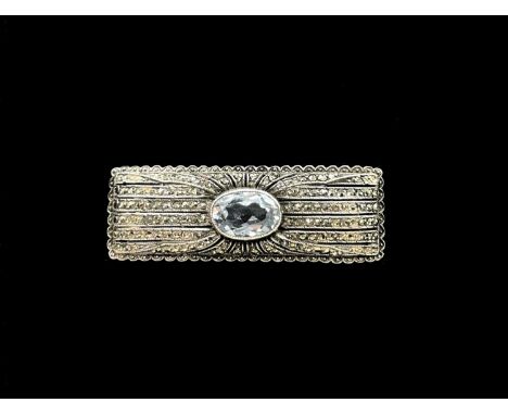 An Art Deco white metal marcasite and aquamarine bar brooch in the Art Deco taste, length 42mm, presented in an associated Hu