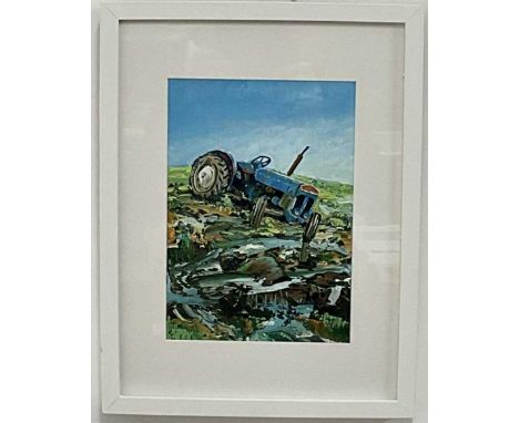 † ALEX WILLIAMS; oil on board, 'Old Blue Tractor', signed by initial lower right, titled verso, 27 x 19cm, framed and glazed.