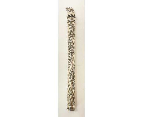 SAMUEL JACOB; a late Victorian hallmarked silver thermometer case, surmounted with a camel, London 1893, length 18.25cm, appr