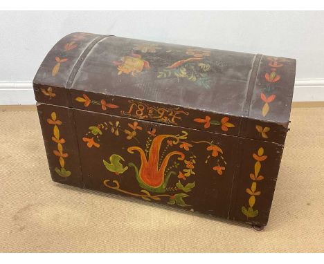 A 19th century dome topped hand painted trunk dated 1894 with metal handles, height 51cm, width 78cm, depth 40cm.Condition Re