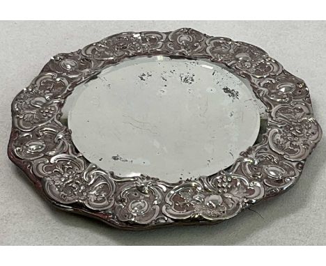 WALKER &amp; HALL; a George V hallmarked silver mirror, with C-scroll and foliate embossed detail and central bevelled plate 