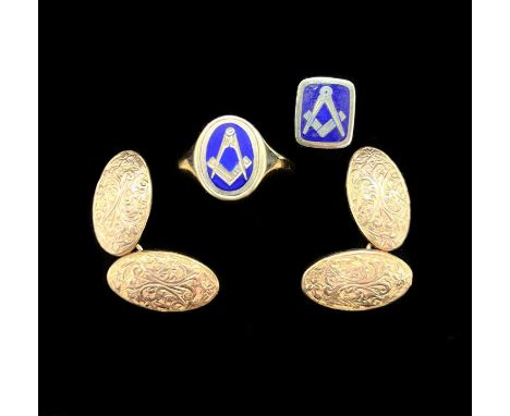 A 9ct yellow gold signet ring with swivel Masonic enamelled oval platform, size Q 1/2, approx 5.3g, a pair of 9ct yellow gold