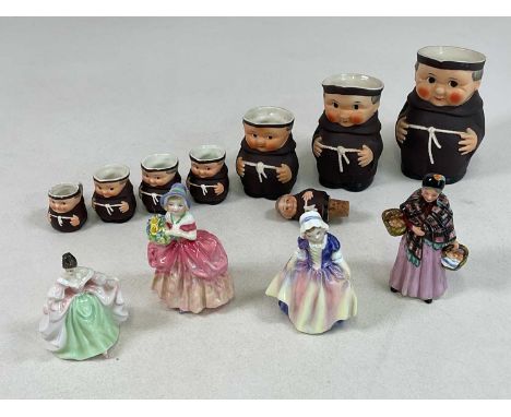 GOEBEL; a set of graduated jugs in the form of monks, largest height 16cm, also a wine bottle stopper and four Royal Doulton 