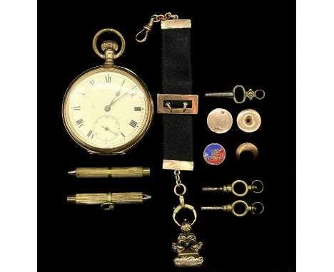A gold plated open face crown wind pocket watch, a yellow metal mounted short ribbon with fob, the clasp of which stamped 9ct