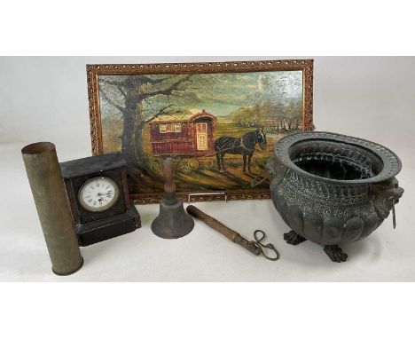 A group of collectors' items, to include a lion's head bucket, a military bell incorporating a large crow's foot MOD marker, 
