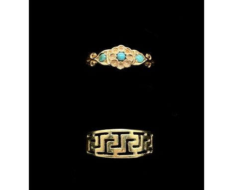 A 15ct rose gold turquoise set ring, size R 1/2, approx 2.1g, af, and a Greek key decorated yellow metal ring, stamped 585, s
