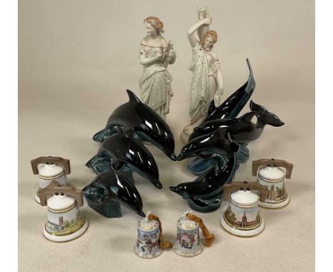 POOLE POTTERY; dolphins, and Coalport collectors' bells, together with decorated Parian style figures, height 36 cm.Condition