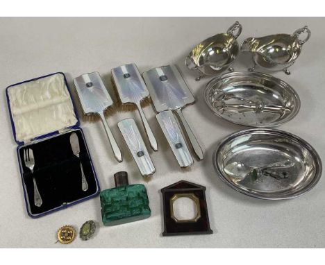An unusual Art Deco George VI hallmarked silver enamel decorated and marcasite and opal applied five piece dressing table set