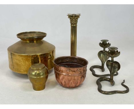 A group of metalware, including Corinthian lamp base, pair of brass cobra candleholders, copper planter and other items (6).