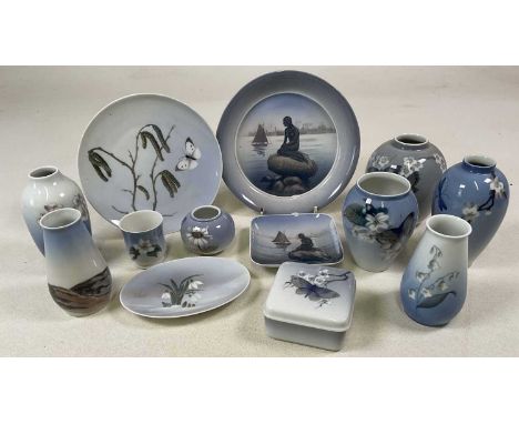 ROYAL COPENHAGEN; a quantity of vases, plates and trinket boxes, decorated in floral designs and with  the Little Mermaid.Con