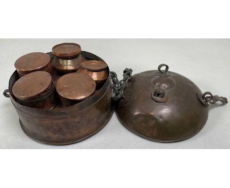 A copper henna pot, with a domed top, enclosing five individual pots for the ink and a lift out tray/shelf, height 18cm, diam