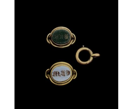 A small 18ct yellow gold plaque ring set with intials to the carved platform, size J 1/2, another similar with initials carve