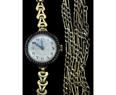 A 9ct yellow gold chain, af, approx 3g, and a lady's vintage wristwatch with 9ct gold head and enamelled detail to the bezel 