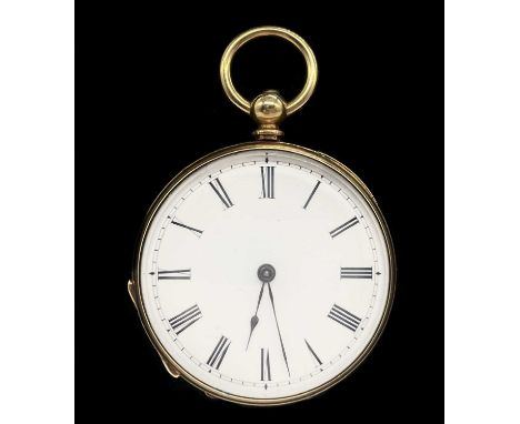 An 18ct yellow gold key wind open face fob watch, with Roman numerals to the white enamel dial and base metal cuvette, diamet