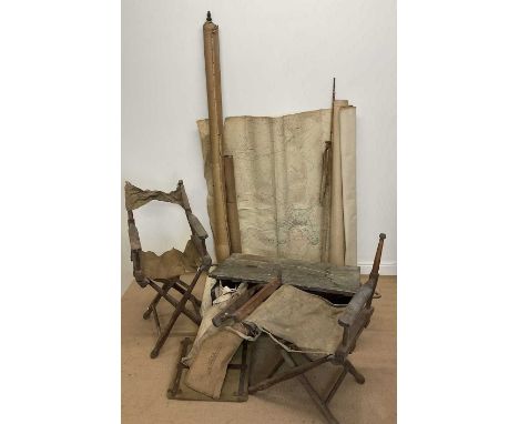 A collectors' lot, to include campaign chairs, an old wooden trunk, maps, military water systems and a hardy split cane fishi