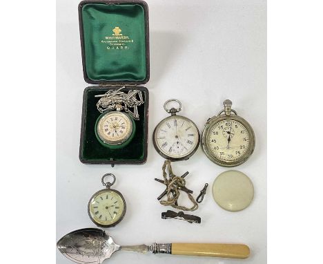 A Swiss silver fob watch, a fob chain, two further silver pocket watches and a base metal stop watch.