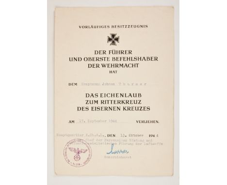 Vorläufiges Besitzzeugnis für die Verleihung des Eichenlaubs zum Ritterkreuz des Eisernen Kreuzes für Hauptmann Johann (Hans)