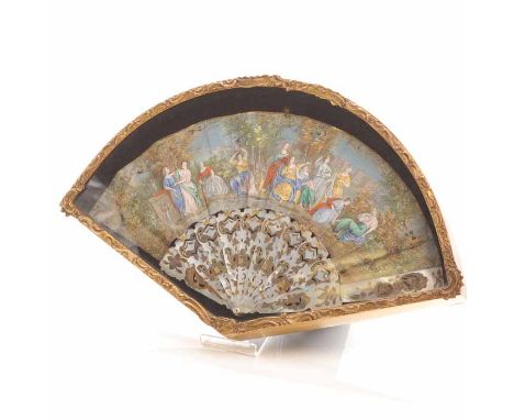 19TH CENTURY FRENCH MOTHER OF PEARL AND PAPER FAN
painted with women in a garden setting, mounted in a gilt wood framed case 