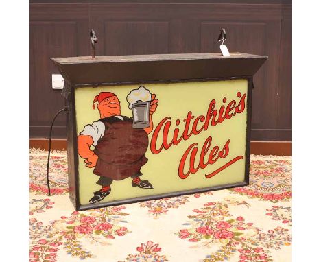 ATTRACTIVE DOUBLE SIDED GLASS 'AITCHIE'S ALE' ILLUMINATING PUB SIGN with two decorative glass panels within a japanned metal 